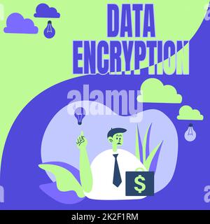 Écriture affichage de texte Data Encryption. Concept signification Symmetrickey algorithme pour le cryptage de données électroniques Homme assis dans Park Blooons soufflant penser à de nouvelles pensées avec Idea Lamp. Banque D'Images