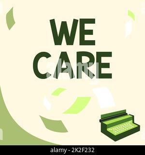 Affiche présentant le système We Care. Word for We Care Vintage Typwriter Drawing with multiple Floating Papers. Banque D'Images