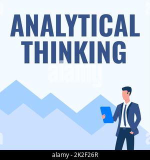 Affiche montrant la pensée analytique. Approche métier décomposer les problèmes complexes en composants simples Homme en uniforme une main dans la tablette d'ordinateur de poche debout. Banque D'Images