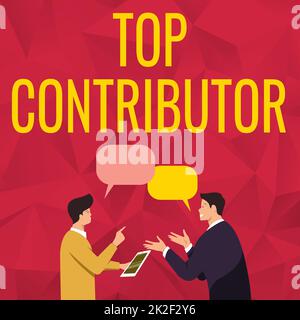 Texte d'écriture Top Contributor. Aperçu de l'entreprise personne qui connaît une catégorie particulière deux collègues hommes debout partager des pensées avec des bulles de discours Banque D'Images