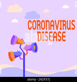 Affiche indiquant la maladie du coronavirus. Approche commerciale définie comme une maladie causée par un nouveau virus SARSCoV2 pôles mégaphones dessin faire une annonce à un espace ouvert. Banque D'Images