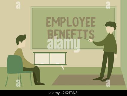 Écriture affichant le texte avantages sociaux des employés. Présentation commerciale rémunération indirecte et non monétaire versée à un employé dessin d'enseignant et d'étudiant ayant cours en privé dans Une salle de classe. Banque D'Images