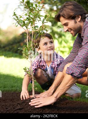 En savoir plus sur le jardinage de Dad. Photo d'un petit garçon et de son père plantant un arbre dans leur jardin. Banque D'Images