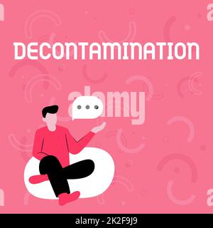 Légende du texte présentant la décontamination. Vitrine d'affaires neutralisant chaque présence de substances dangereuses Illustration de l'homme d'affaires assis sur la chaise Soft Sofa parlant. Banque D'Images