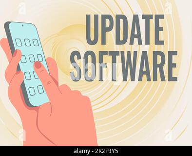 Écriture affichage de texte mise à jour du logiciel. Mot écrit lors du remplacement du programme par une version plus récente du même produit mains tenant dispositif technologique appuyant sur le bouton application. Banque D'Images