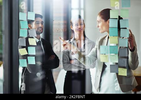 Élaborer leur plan en équipe. Photo d'un groupe d'hommes d'affaires qui remue un brainstorming sur un mur de verre avec des notes adhésives dans un bureau. Banque D'Images