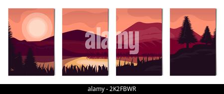 Ensemble de 4 pcs paysages de montagnes et de forêts - Vector Banque D'Images