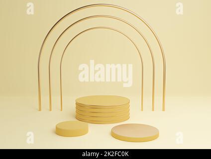Chaleureux, clair, lumineux, jaune pastel 3D rendant simple produit afficher podiums cylindre avec luxe or arc et lignes trois stands minimum de fond composition abstraite Banque D'Images