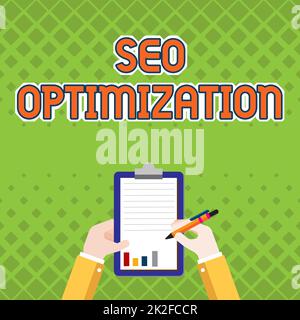 Texte montrant inspiration Seo Optimization. Internet concept processus d'affecter la visibilité en ligne du site Web ou de la page Business associé tenir le presse-papiers documenter les rapports avec Pen. Banque D'Images