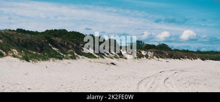 Dunes, surcultivées avec de l'herbe dans les endroits, pistes de voiture sur le sable. Ciel bleu avec nuages Banque D'Images