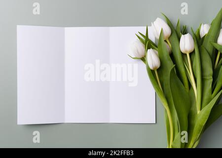 Maquette blanche de brochure en trois volets sur fond vert pâle avec un bouquet de superbes tulipes blanches. Banque D'Images