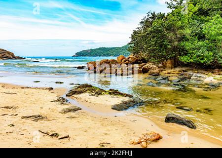 Rivière qui coule dans la plage entre la mer, les rochers et la forêt tropicale de Trindade Banque D'Images