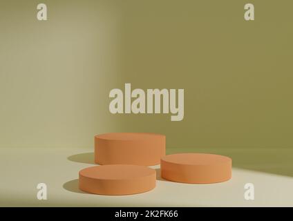 Trois podiums orange ou supports sur fond jaune clair pour l'affichage du produit. Composition minimale pour la maquette de rendu 3D de l'affichage du produit. Lumière de vitre venant du côté droit. Banque D'Images