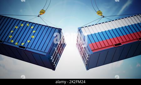 Collision de conteneurs de marchandises avec des drapeaux de l'Union européenne et de la Russie. 3D illustration Banque D'Images