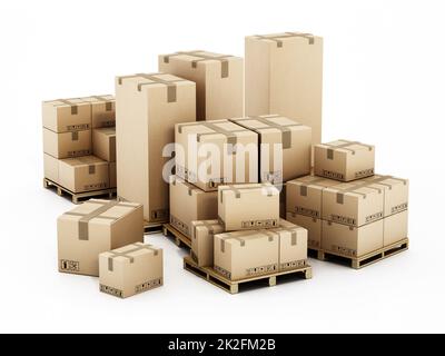 Pile de boîtes en carton isolées sur fond blanc. 3D illustration Banque D'Images