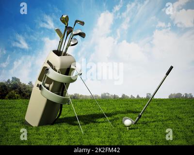 Sac de golf plein de clubs de golf et de balle avec un club sur l'herbe. 3D illustration Banque D'Images