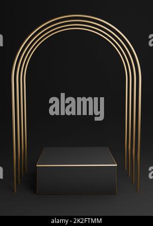 Noir, gris foncé, noir et blanc 3D, pour un affichage minimal du produit, un podium ou un stand avec des arches dorées de luxe et des lignes dorées. Composition abstraite de fond simple. Banque D'Images