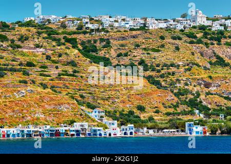 Villages de Klima et de Plaka sur l'île de Milos, Grèce Banque D'Images