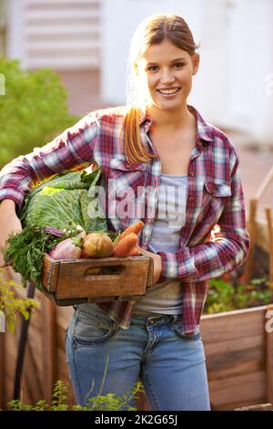 Êtes-vous vert ? Portrait d'une jeune femme heureuse tenant une caisse pleine de légumes fraîchement cueillis. Banque D'Images