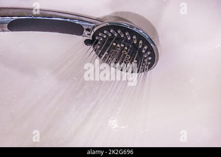 Des gouttes d'eau tombent de l'arrosoir dans la douche de près. Le débit d'eau. Grand arrosoir rond dans la douche Banque D'Images