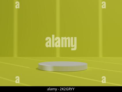 Composition de rendu simple et minimale de 3D avec un Podium cylindrique blanc ou un support sur un arrière-plan jaune fluo à rayures abstraites pour l'affichage du produit. Banque D'Images
