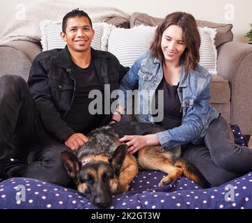 Notre chien est comme notre bébé. Photo d'un jeune couple assis dans leur salon avec leur berger allemand pendant une journée à la maison. Banque D'Images