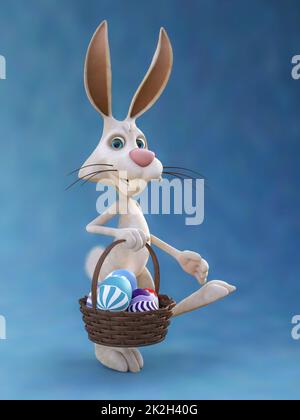 3D rendu d'un lapin de Pâques contenant un panier d'œufs. Banque D'Images