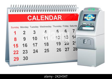 Calendrier de bureau avec distributeur automatique de billets, rendu 3D isolé sur fond blanc Banque D'Images