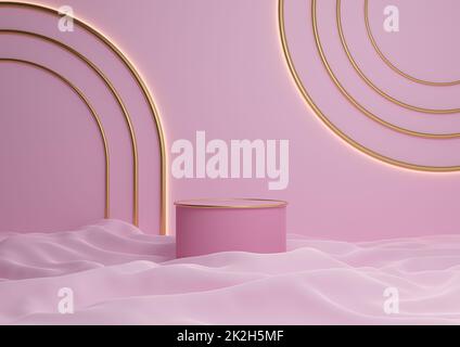 Lumière, pastel, rose lavande 3D rendant luxueux produit affiche cylindre podium ou stand avec des lignes dorées composition minimale avec une voûte lumineuse géométrique brillant Banque D'Images