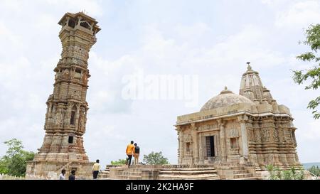 INDIA, RAJASTHAN, CHITTORGARH, July 2022, Tourist at Shree Digambar Jain Adinath Temple and Kirti Stambh, Chittorgarh Fort Stock Photo