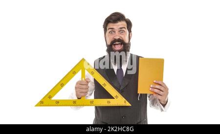 Science technology engineering and mathematics. Measurement tool. Teacher bearded man. Teaching geometry. Bearded man use ruler. School lesson Stock Photo