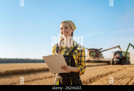 Agriculteur sur le champ de grain avec le tracteur et la moissonneuse-batteuse en arrière-plan Banque D'Images