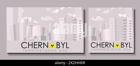 Affiche Tchernobyl. 26 avril est le jour de la mémoire des victimes de Tchernobyl. L'explosion d'un réacteur nucléaire en Ukraine. Ville de Pripyat. Signe jaune de rayonnement Banque D'Images