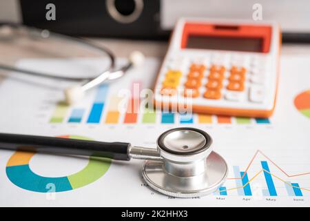 Stéthoscope avec calculatrice sur papier graphique, Finances, compte, Statistiques, investissement, Recherche analytique économie de données et concept d'entreprise. Banque D'Images