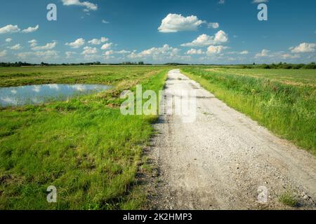 Route de gravier à travers la prairie verte et le ciel bleu Banque D'Images