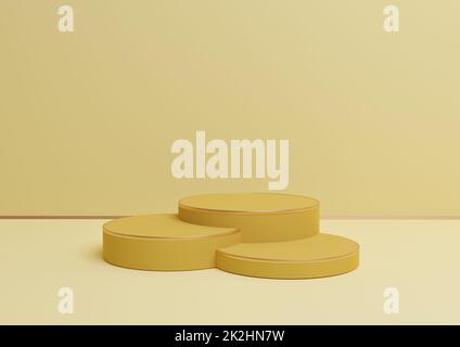 Chaleureux, léger, lumineux, jaune pastel 3D rendant simple affichage de produit avec trois podiums ou support avec ligne dorée composition minimale d'arrière-plan pour les produits de luxe Banque D'Images
