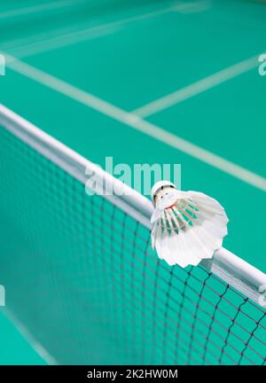 nouveau shuttlecock sur le filet de badminton Banque D'Images