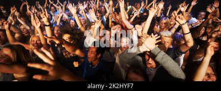 Des ventilateurs d'adoring. Ce concert a été créé dans le seul but de cette séance photo, avec 300 modèles et 3 groupes live. Tous les participants à cette séance photo sont sortis du modèle. Banque D'Images