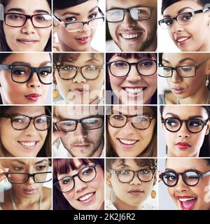 Variété de visions.Image composite d'un groupe diversifié de personnes portant des lunettes. Banque D'Images