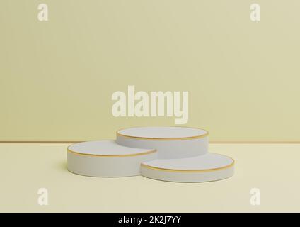 Pastel, clair, jaune-citron 3D rendant simple affichage de produit avec trois podiums ou support avec ligne dorée composition minimale de fond pour les produits de luxe Banque D'Images