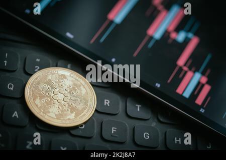 Crypto-monnaie de Cardano avec graphique en bâton de bougie, clavier d'ordinateur portable et arrière-plan numérique Banque D'Images