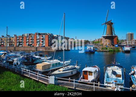 Vue sur le port de Delfshaven et l'ancien moulin à grains de Destilleerketel. Rotterdam, pays-Bas Banque D'Images