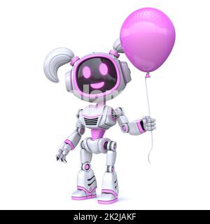 Adorable robot fille rose tenant un ballon rose 3D Banque D'Images