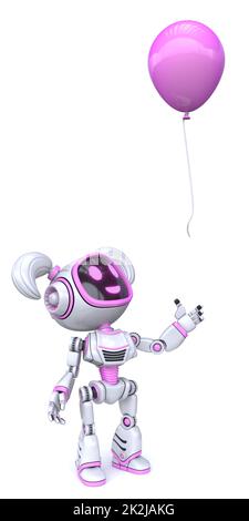 Adorable robot fille rose regarder le ballon volant 3D Banque D'Images