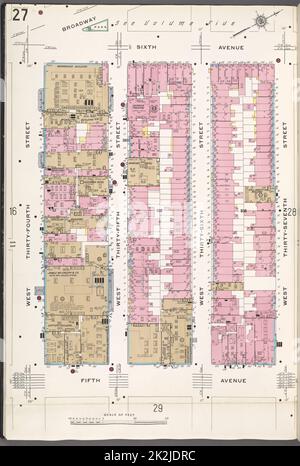 Cartographie, cartes. 1910. Lionel Pincus et Princess Firyal Map Division. Assurance incendie , New York (État), immobilier , New York (État), Villes et villages , New York (État) Manhattan, V. 4, plaque no 27 carte délimitée par 6th Ave., W. 37th St., 5th Ave., W. 34th St. Banque D'Images