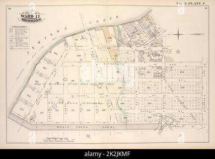 Cartographic, Maps. 1880. Lionel Pincus and Princess Firyal Map Division. Brooklyn (New York, N.Y.), Real property , New York (State) , New York Vol. 6. Plate, F. Map bound by Newtown Creek, Charlick St., Bridgewater St., Meserole Ave., Kingsland Ave., Norman Ave., Humboldt St., Whale Creek Canal; Including Sutton St., Wallock St., Leyden St., Monitor St., Henry Pl., N. Henry St., Holland St., Russell St., Emery St., Paidge St., Freeman St., Greene St., Huron St., India St., Green Point Ave., Java St., Vail St., Calyer St., Wright St. Stock Photo