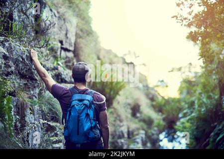 Partez à la randonnée. Vue arrière d'un jeune homme explorant seul un sentier de randonnée. Banque D'Images