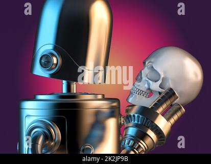 Robot tenant le crâne humain. Illustration 3D Banque D'Images