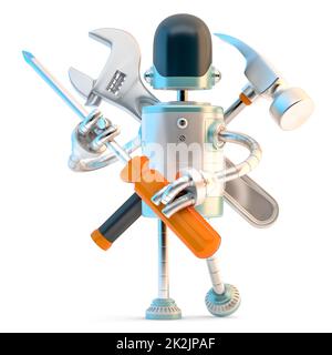 Robot avec outils de construction. Illustration 3D Banque D'Images