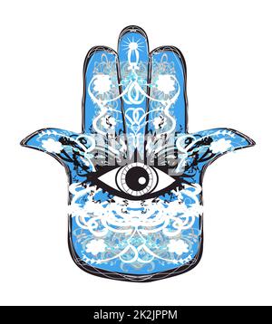 Hamsa, main fatima, illustration décorative sur fond blanc Banque D'Images